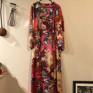 LuLu's Burgundy Floral Print Satin Wrap Maxi Dress